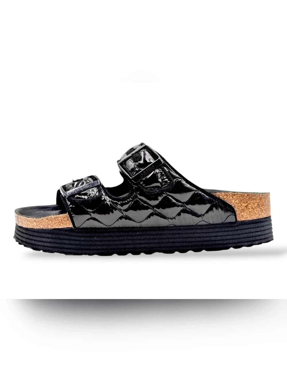 Papillio by Birkenstock Sz 7-7.5 Arizona Platform Padded Blk Patent-Like Sandals